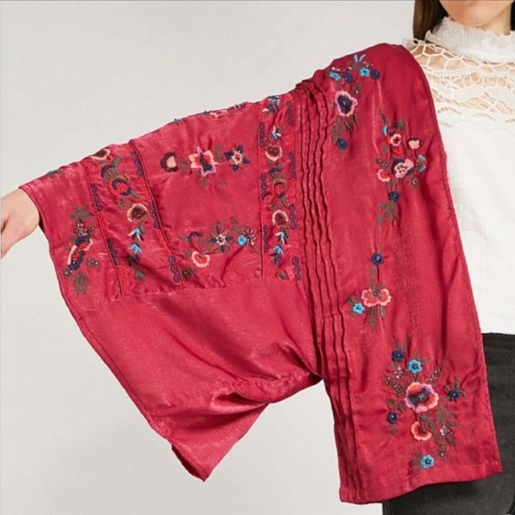 Free People] Beautiful Burgundy Embroidery Sequins Kimono Duster Jacket - Picture 4 of 13
